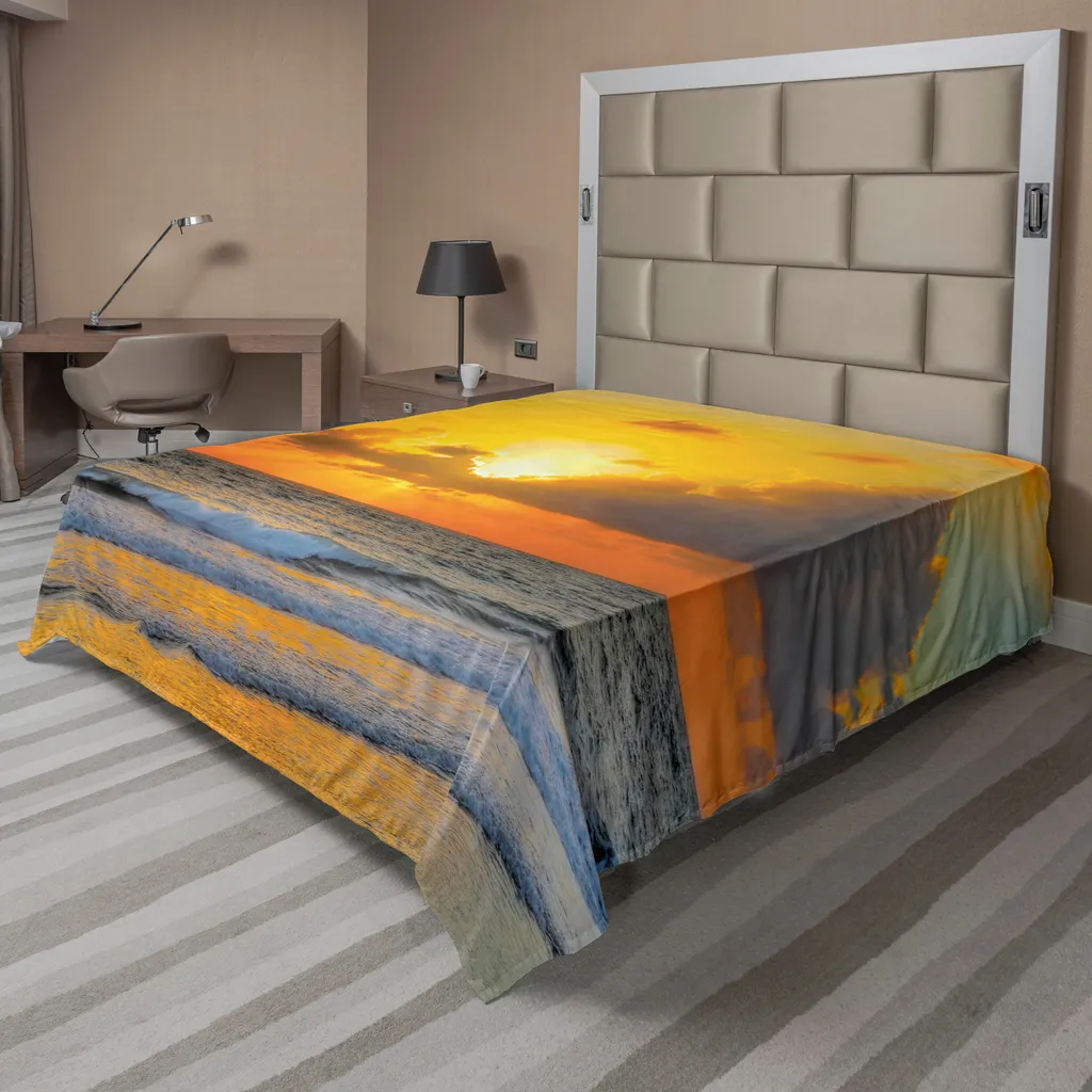 Drap de Lit Anti-Plis Doux Motif Plage Brésil 244x205cm Gris et Orange