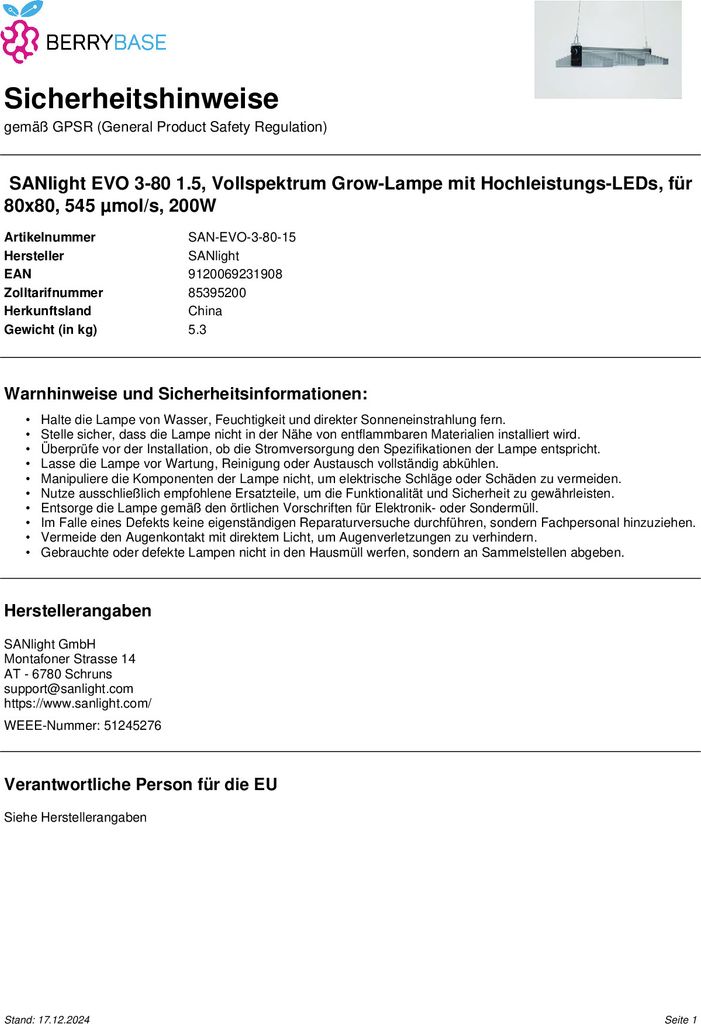 SANlight EVO 3-80 1.5, Vollspektrum Grow-Lampe mit Produktbild 7