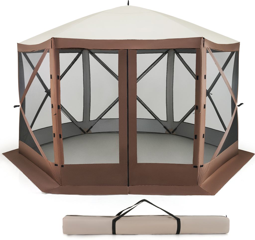 A pop-up gazebo with mesh walls and a carrying bag shown below.