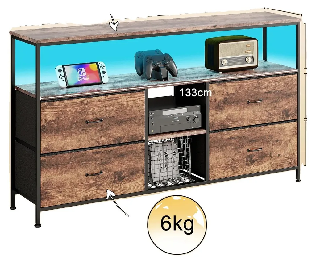 Meuble TV pour grand écran avec rangement LED et décor vintage marron