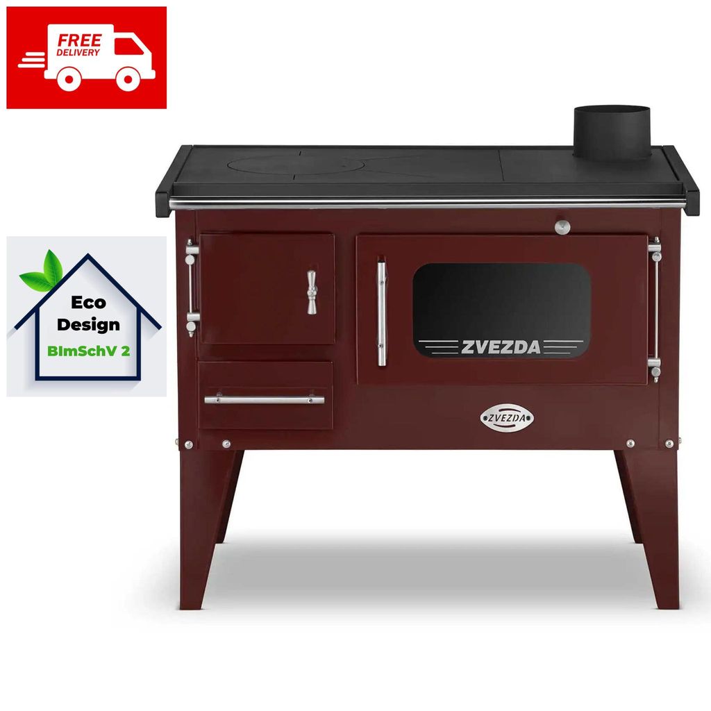 A maroon kitchen stove with a black top and a glass window on the front door, set against a white background. There are promotional overlays in the top left and left side of the image.