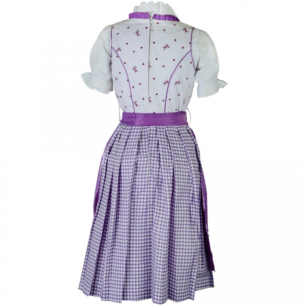 German Wear 3-teiliges Dirndl Set - Lila/rot Kariert Mit Bluse & Schürze, Knielang