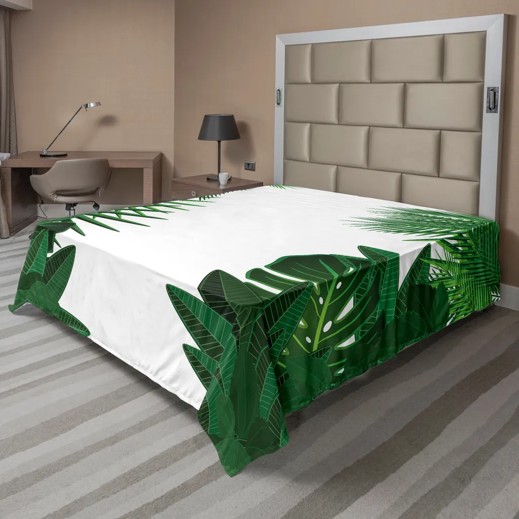 ABAKUHAUS Drap Plat Exotique Feuilles de Palmier Vert Blanc 275x260 cm