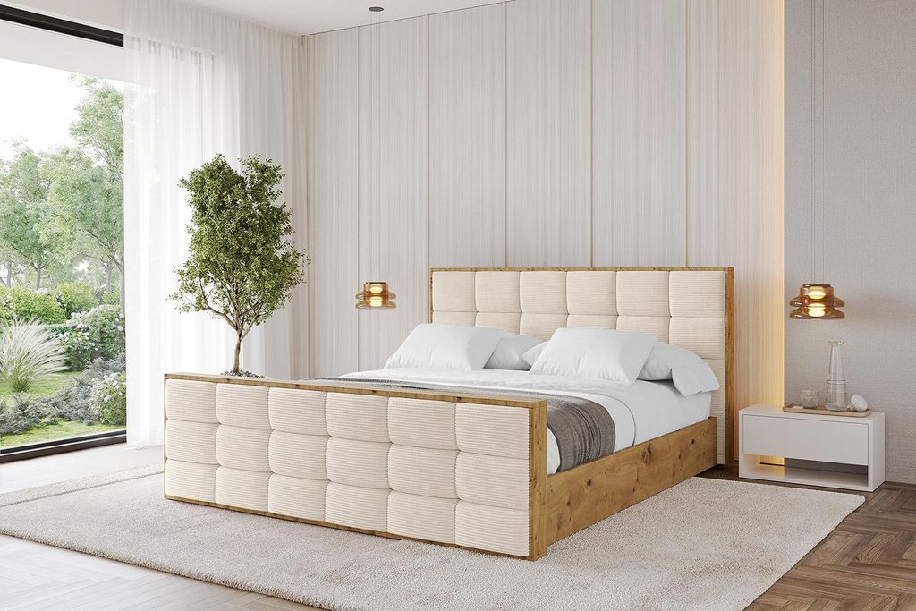 ALTDECOR Polsterbett mit Bettkasten - ENZO2-Z - 120x200 Beige- Bett mit Kopfteil und Fußteil, Boxbett ohne Matratze, Doppelbett mit Stauraum