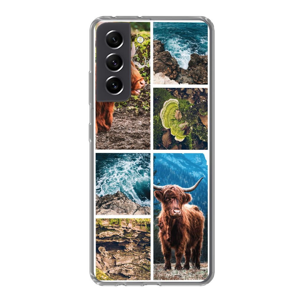 MuchoWow Handyhülle Schutzhülle Hülle für Samsung Galaxy S21 FE Schottische Highlander - Natur - Collage Silikon Softcase Handy Hülle - Mobi...