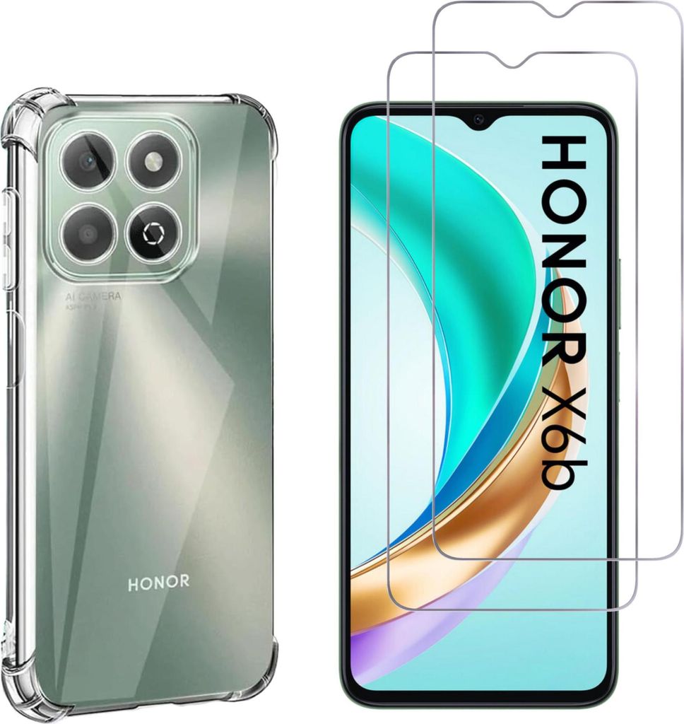 A clear protective case for a smartphone and two screen protectors are displayed side-by-side against a white background.