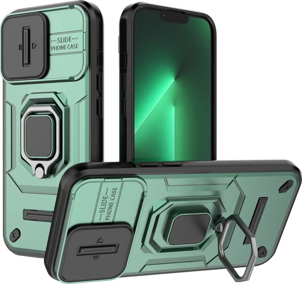 Custodia per iPhone 13 Pro a doppio strato con protezione scorrevole della fotocamera e supporto per anello, verde stand