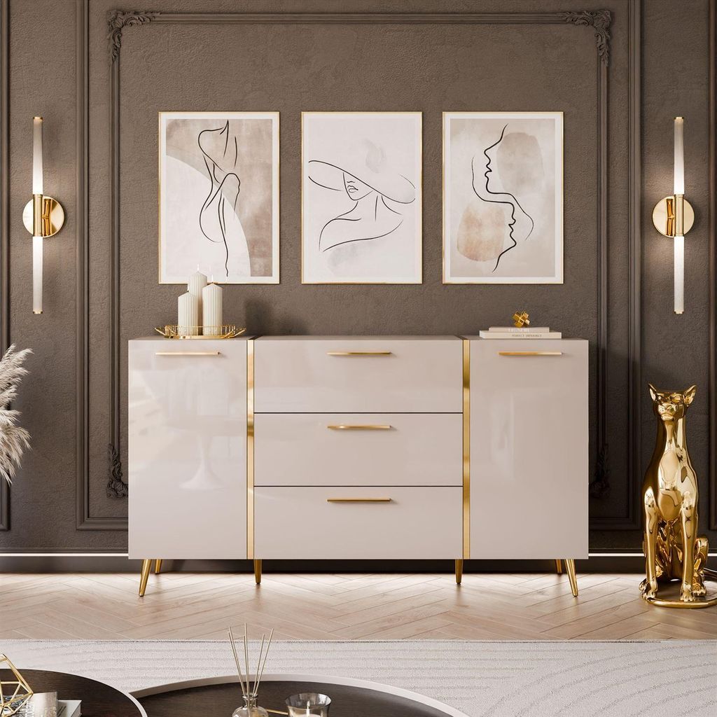 YOURHOUSE24 Kommode ONYX Kaschmir goldenen Beinen Sideboard (Ausführung: mit Goldgriffe, Gold Füße)