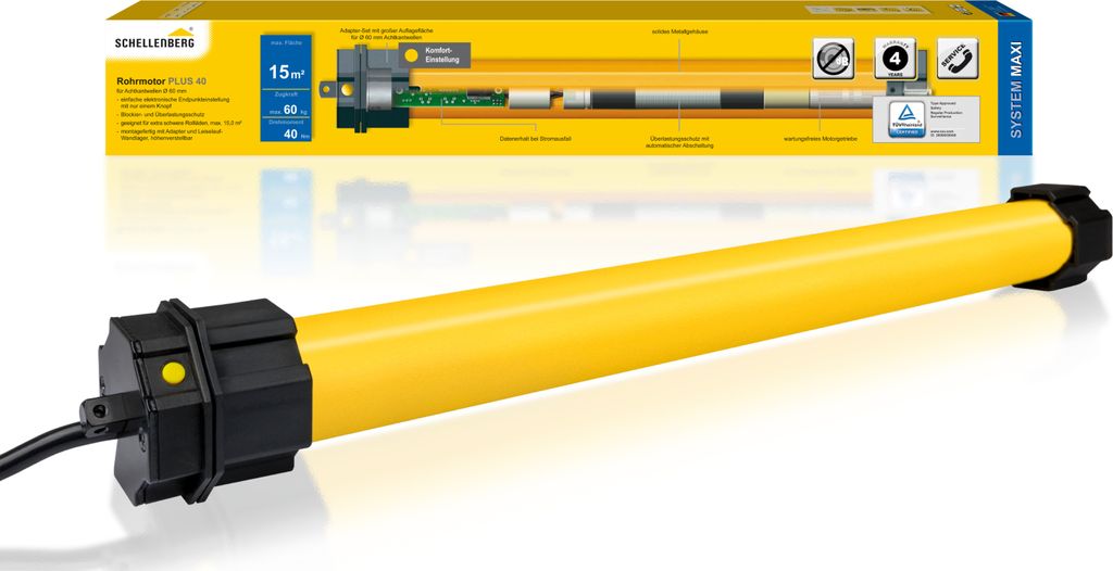 Schellenberg Rollladenmotor Plus, elektronische Englageneinstellung, 40Nm Maxi, Rohrmotor für 60mm Welle bis 15m², 20740