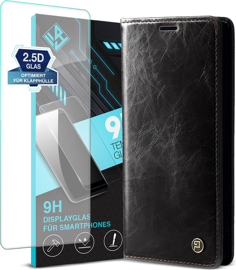 Handyhülle für Samsung Galaxy A26 5G mit 9H Displayglas Kunstleder Flip Vintage Cover Hülle RFID Schutz Case Kartenfach Farbe: Schwarz
