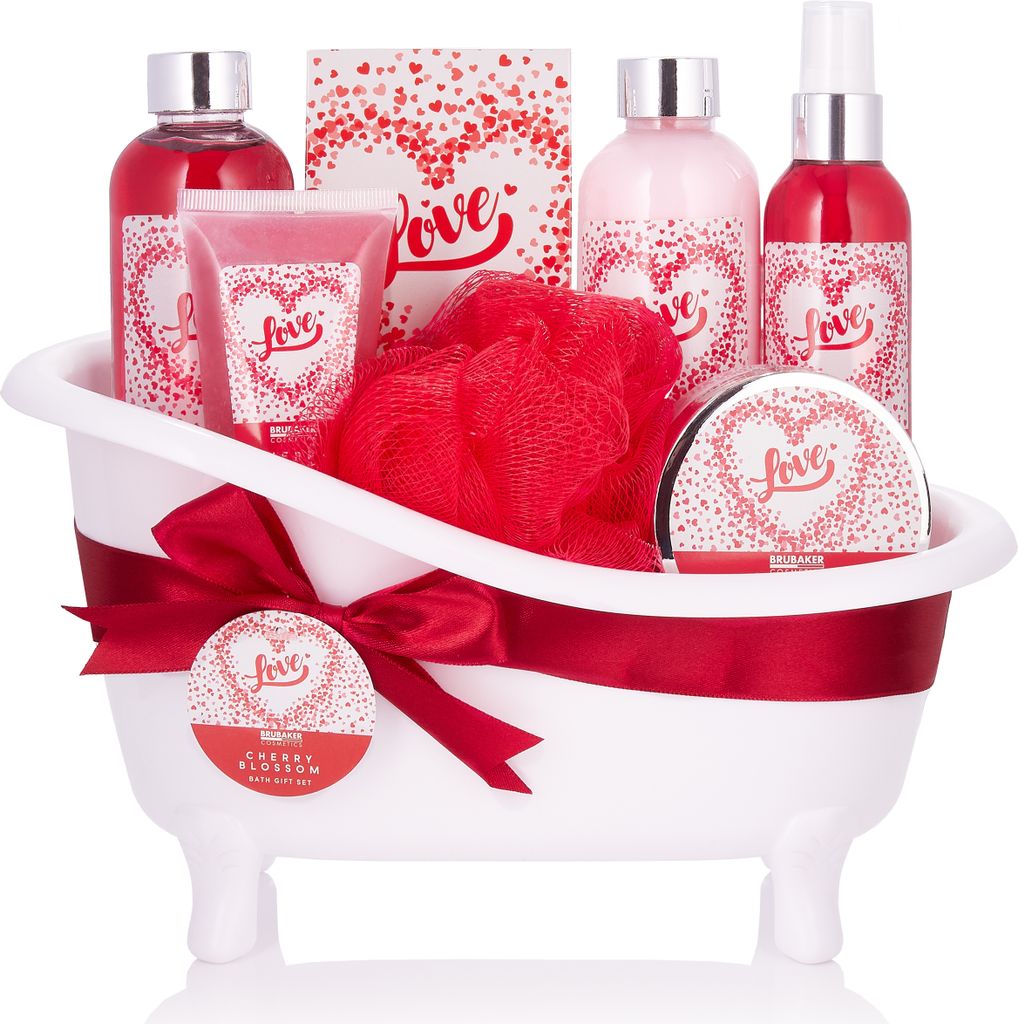 BRUBAKER Cosmetics Bade- und Dusch Set Love - Kirschblüte - 8-teiliges Geschenkset in dekorativer Wanne