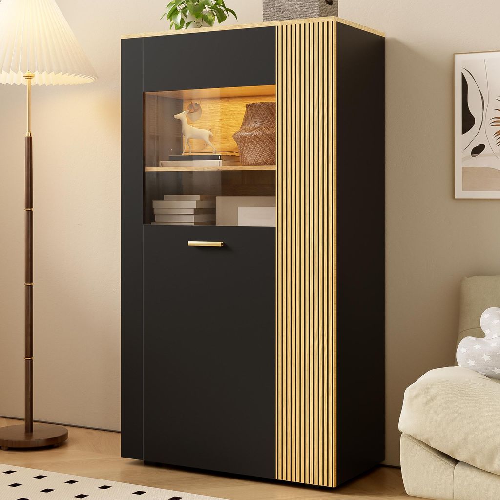 Merax Vitrine mit 16-Farben LED und Kabelmanagement, PB Aufbewahrungsschrank mit 3 feste & 2 verstellbare Regale, Multifunktionaler Organizer, Schwarz