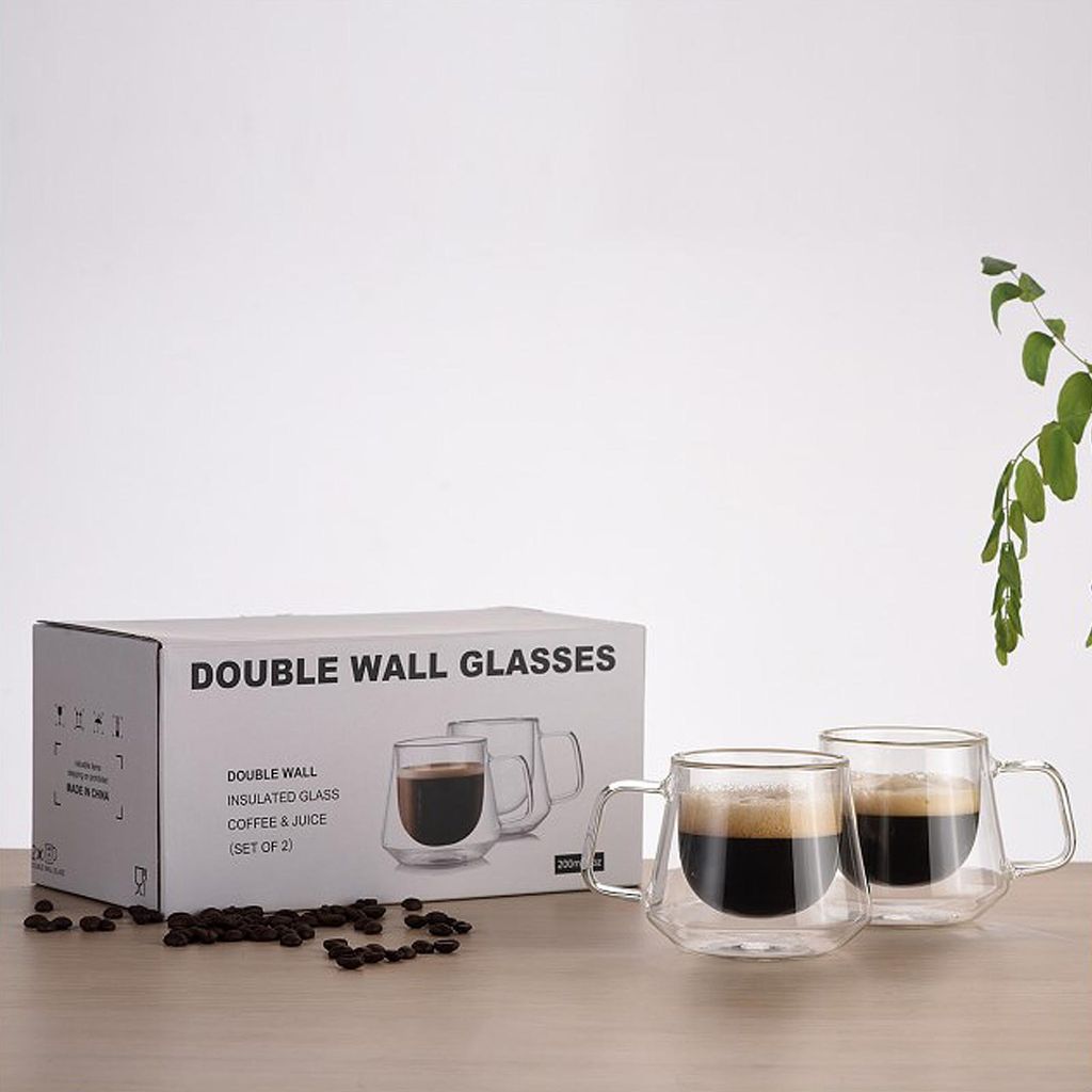 Doppelwandige Kaffeetassen, 200ml Glasbecher mit Diamant-Design, 2er-Set für Heiß-/Eisgetränke, spülmaschinenfest