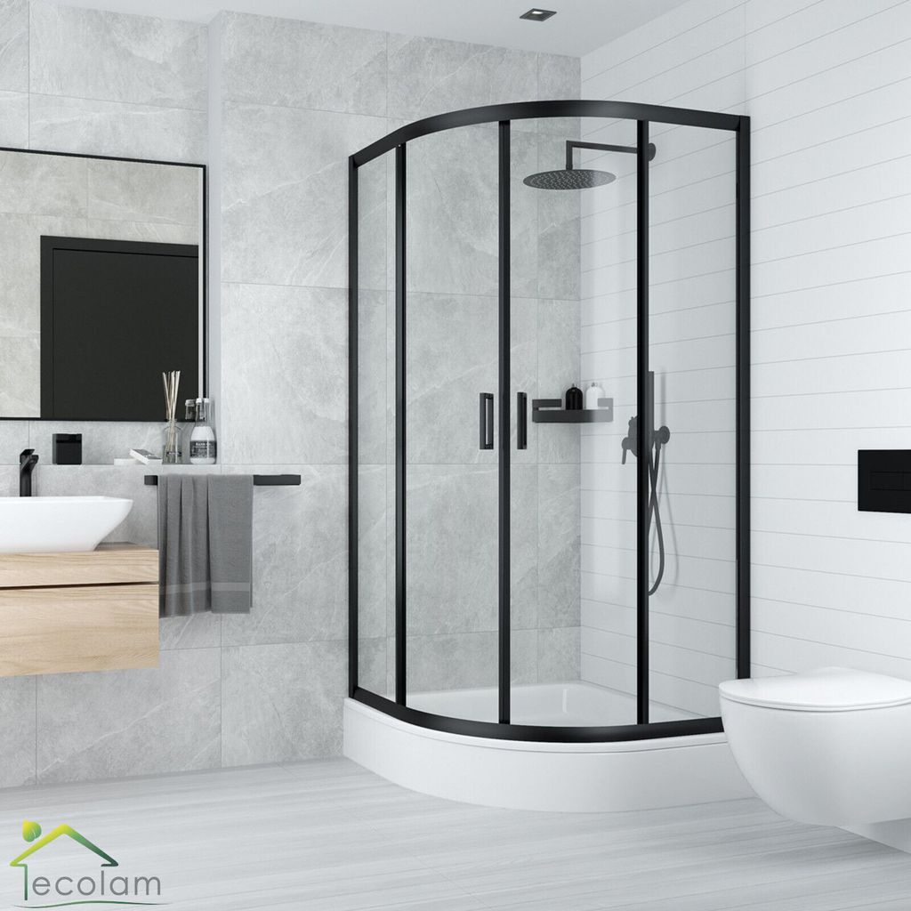 ECOLAM Duschkabine Dusche Viertelkreis Echtglas ESG transparentes Glas schwarz black 90x90 cm 185 cm