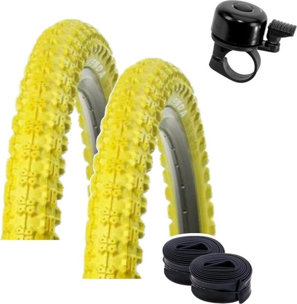 2 x Kenda 20" BMX K-50 Fahrradreifen in Gelb 57-406 (20 x 2,125) + 2 passende AV Schläuche inkl. maxxi4you Fahrradklingel