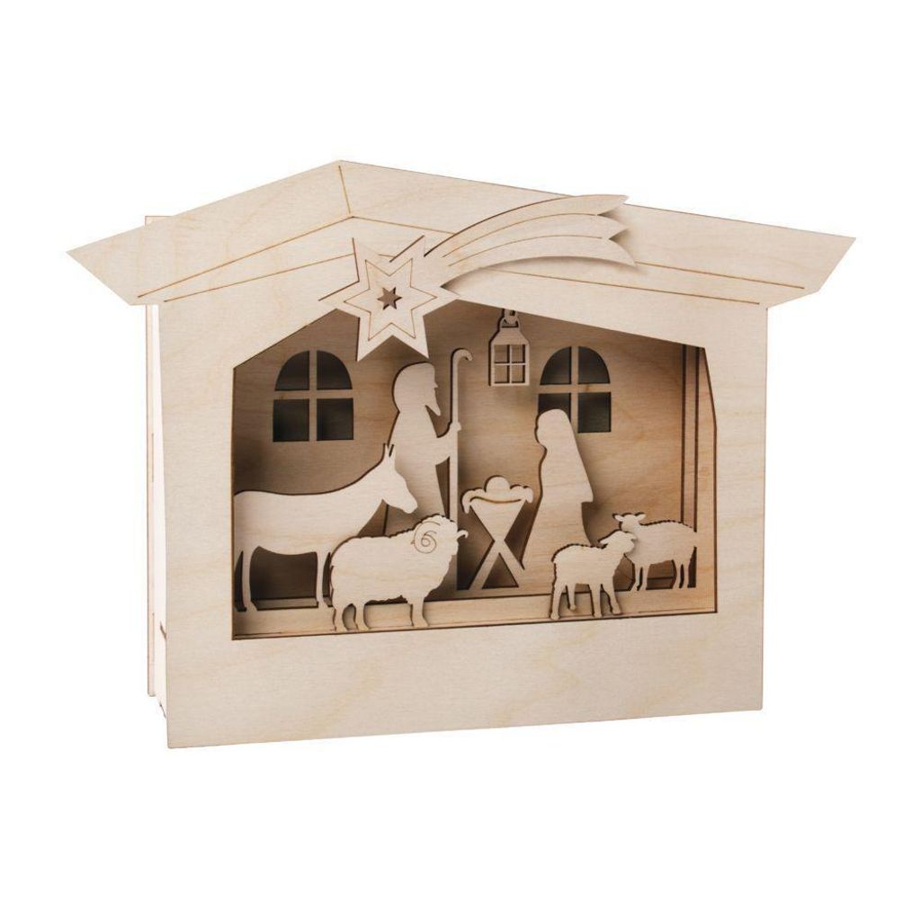 Rayher Holzbaus.3D-Motivrahmen,., 24x24x6,3cm, Krippe, 13-tlg., Box 1Set, natur