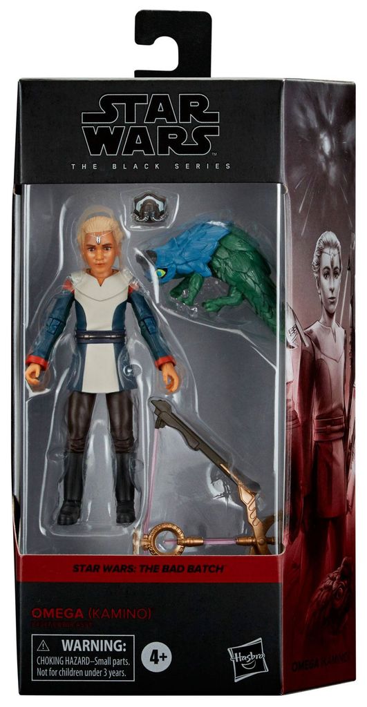 A Star Wars Black Series action figure of Omega from The Bad Batch, presented in its retail packaging.