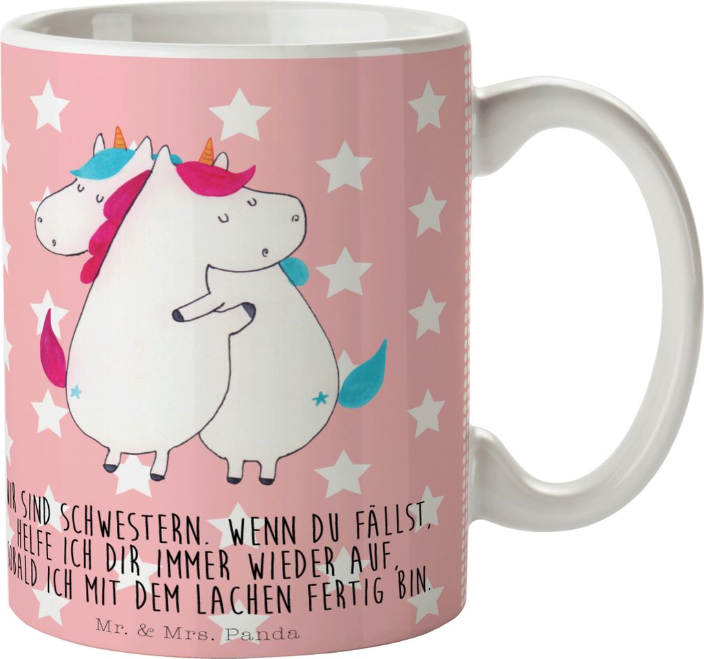 Mr. & Mrs. Panda Kaffeebecher Einhörner Umarmen - Rot Pastell - Geschenk, Tasse mit Motiv, Trinkbecher, Becher, Pott, BFF, Familie, Schwestern, Un...