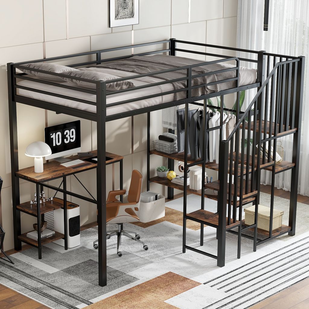 A loft bed with a desk and shelves in a room.