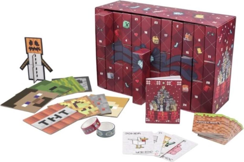 A Minecraft-themed advent calendar and associated merchandise are displayed on a white background.