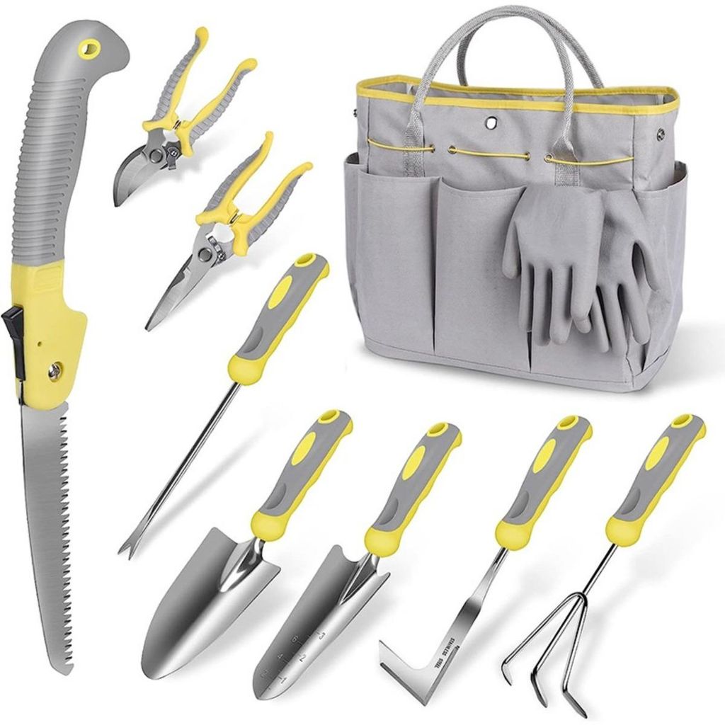 INF 10-teiliges Gartenset Edelstahl TPR-Griffe Handschuhe Tasche für Balkon