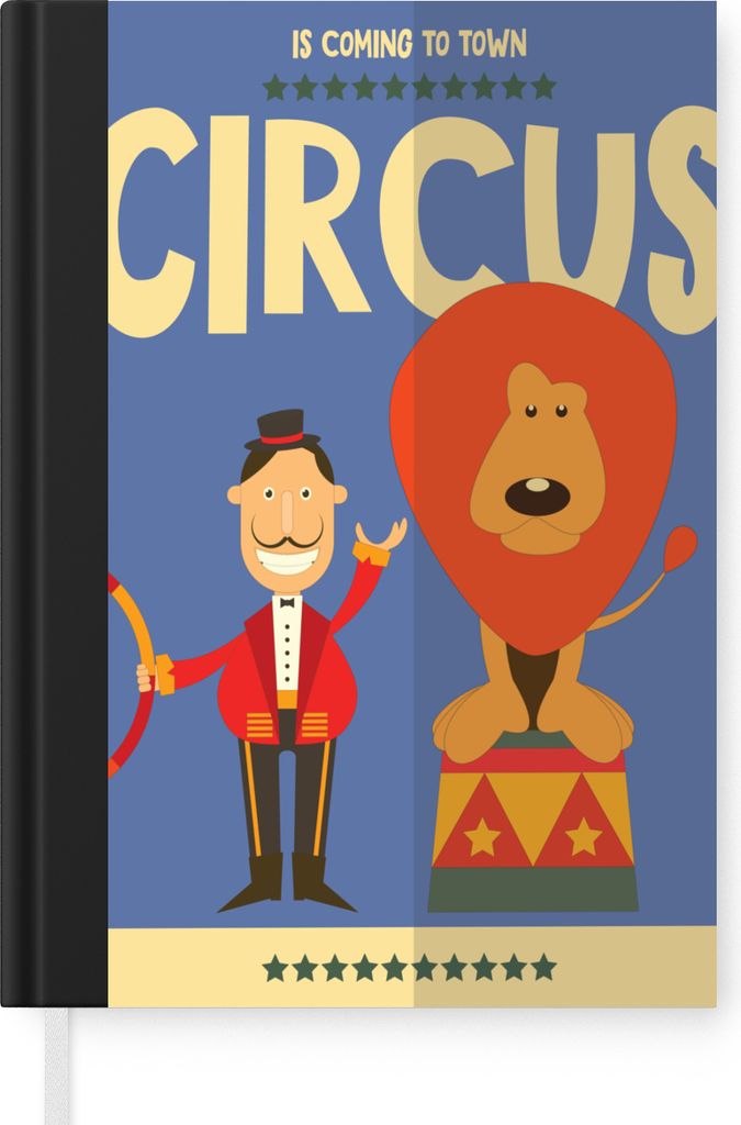 MuchoWow Notizbuch Tagebuch Haushaltsbuch Notebook A5 "Der Zirkus kommt in die Stadt" mit einem Löwen auf blauem Hintergrund - Notizblock - Noti...