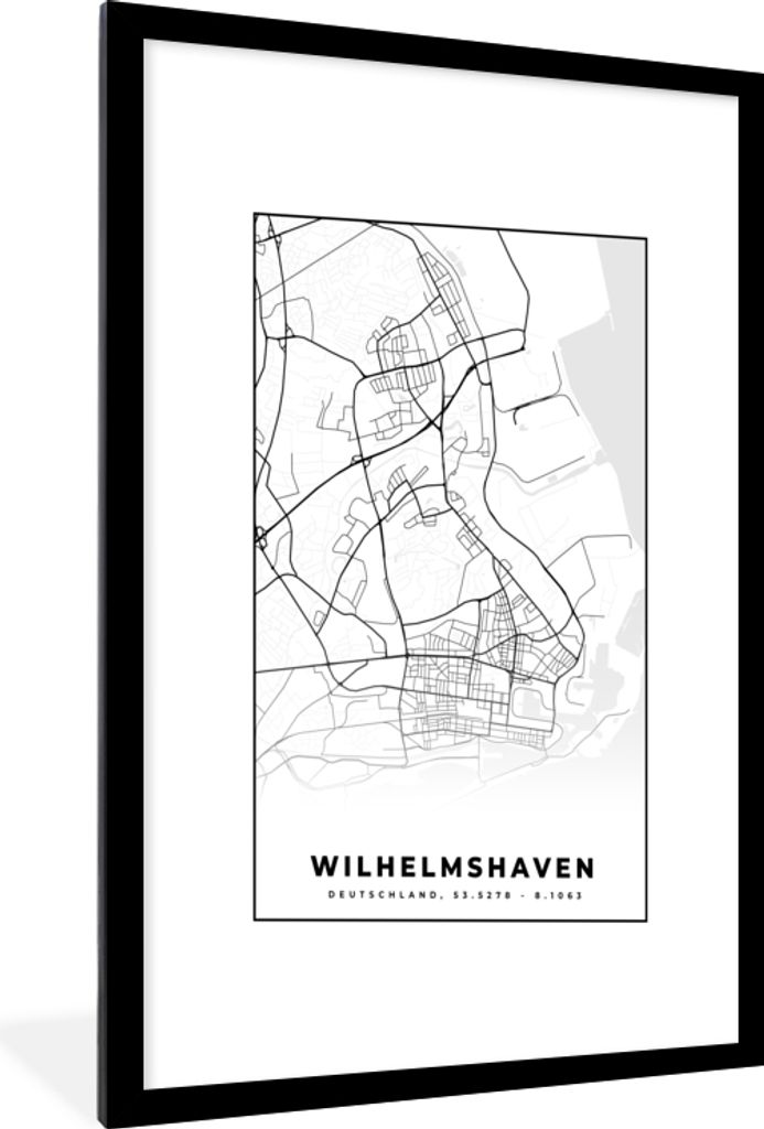 MuchoWow Gerahmtes Poster Wilhemshaven - Karte - Stadtplan 60x90 cm - Poster mit Schwarzem Bilderrahmen Wandposter Rahmen Foto Bilder - Dekoratio...