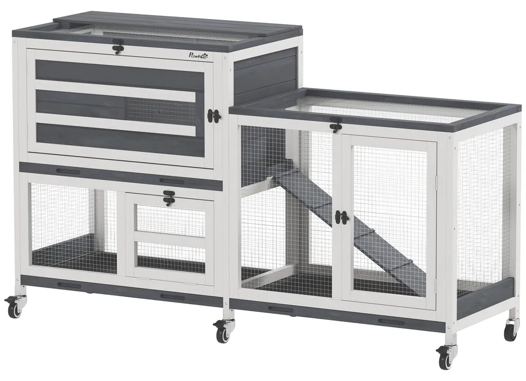 Grand clapier bois 3 plateaux amovibles pour 2 lapins mobile gris clair