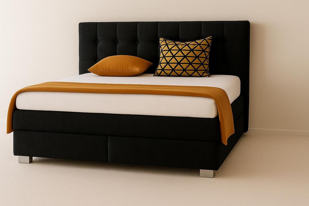 Boxspringbett VERONA 140 x 200 cm mit zwei 7-Zonen-Taschenfederkernmatratzen und gepolstertem Kopfteil. Farbe Schwarz
