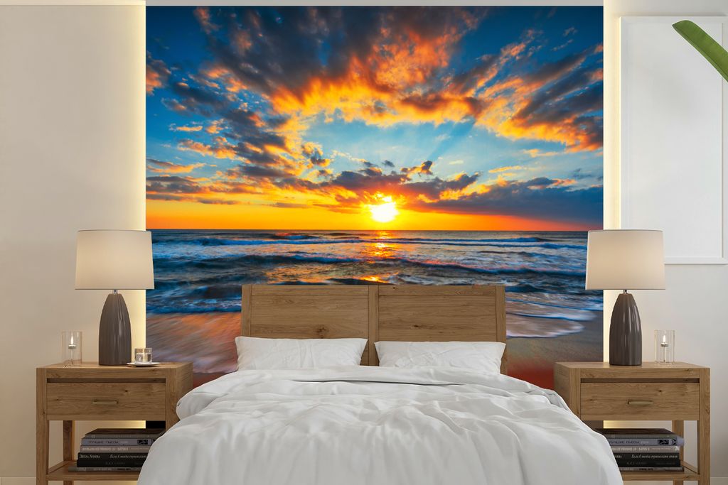 MuchoWow Fototapete für Wohnzimmer oder Schlafzimmer Wandtapete Vinyl Motivtapete Meer - Sonnenuntergang - Strand - Wolken - Orange - 240x240 cm...