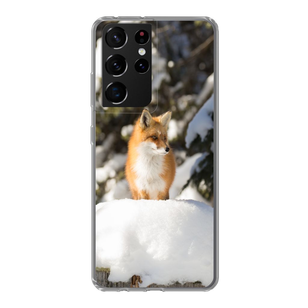 MuchoWow Handyhülle Schutzhülle Hülle für Samsung Galaxy S21 Ultra Fuchs - Schnee - Baum Silikon Softcase Handy Hülle - Mobiltelefon