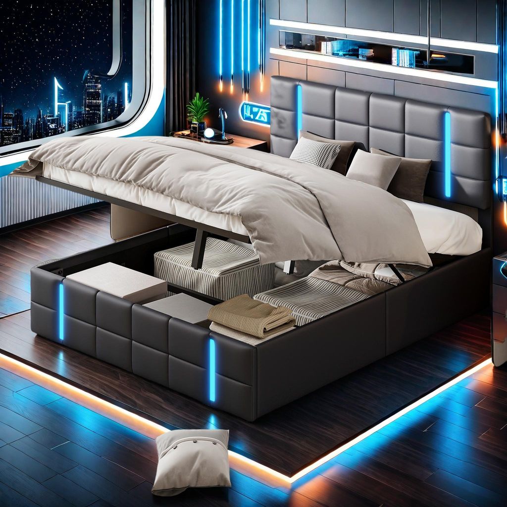 ProximaX Polsterbett Stauraumbett Hydraulisches Bettgestell Doppelbett 160x200cm, Bett mit LED Beleuchtung, Gepolstertes Kopfteil mit USB Typ-C Lad...