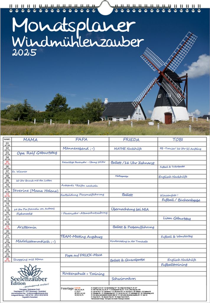Windmühlenzauber Planer Wandplaner Familienplaner 4 Spaltenplaner DIN A3 Kalender für 2025 Windmühle - Seelenzauber