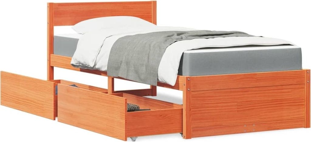 Design Bett mit Schubladen und Matratze Wachsbraun 100x200 Massivholz, Klassische Betten 2024 Neu