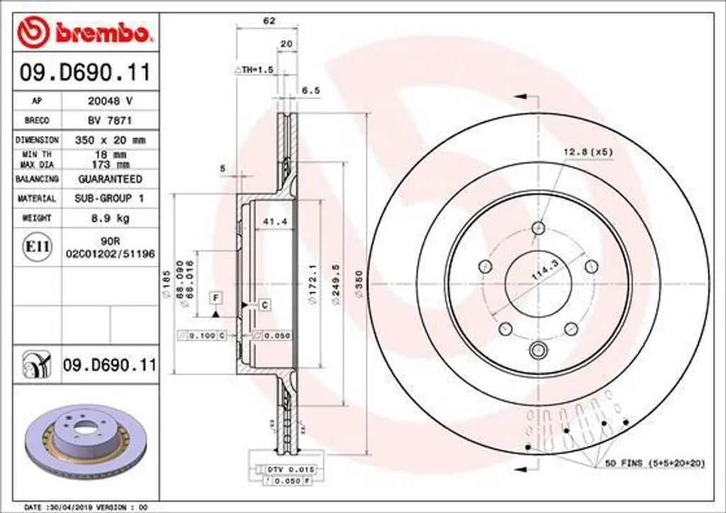 Disque de Frein Arrière Brembo 09.D690.11 Haute Qualité pour 370 Z