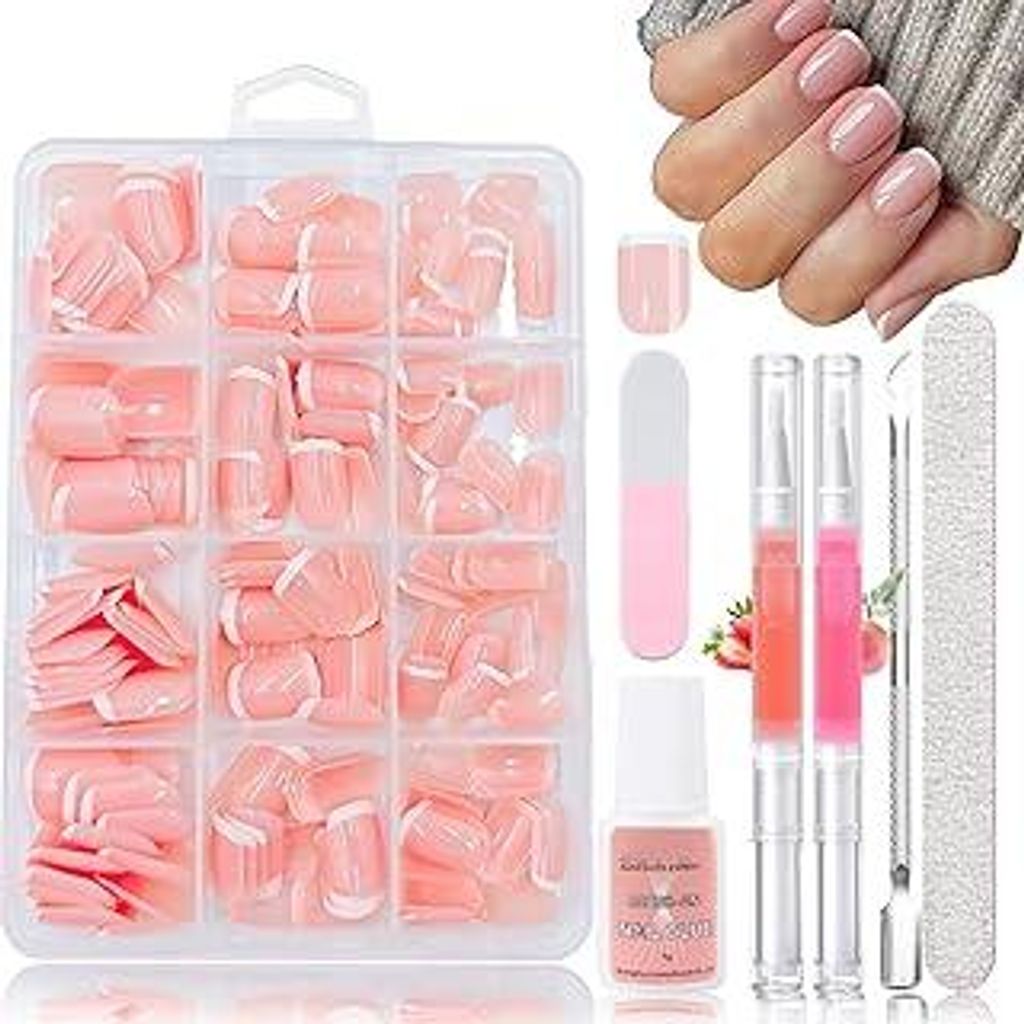 240 Stück Falsche Nägel Zum Aufkleben, Square Französisch Kurze Künstliche Fingernägel - Nagel Tips Set mit 2 Pcs Nagelöl Stift - Fingernäge...