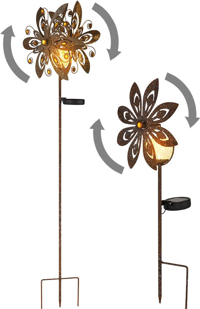 2er Set LED Solarleuchte, Glaskugel, Windrad, Rostfarbe