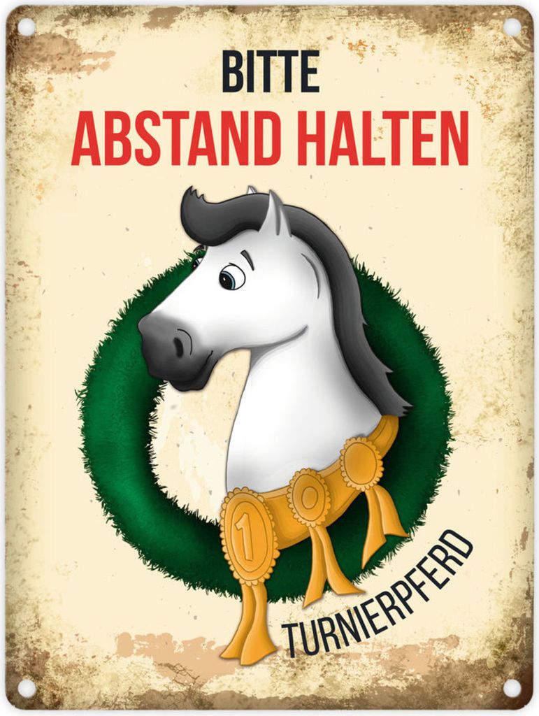 Metallschild mit weißes Pferd Motiv und Spruch: Bitte Abstand halten -