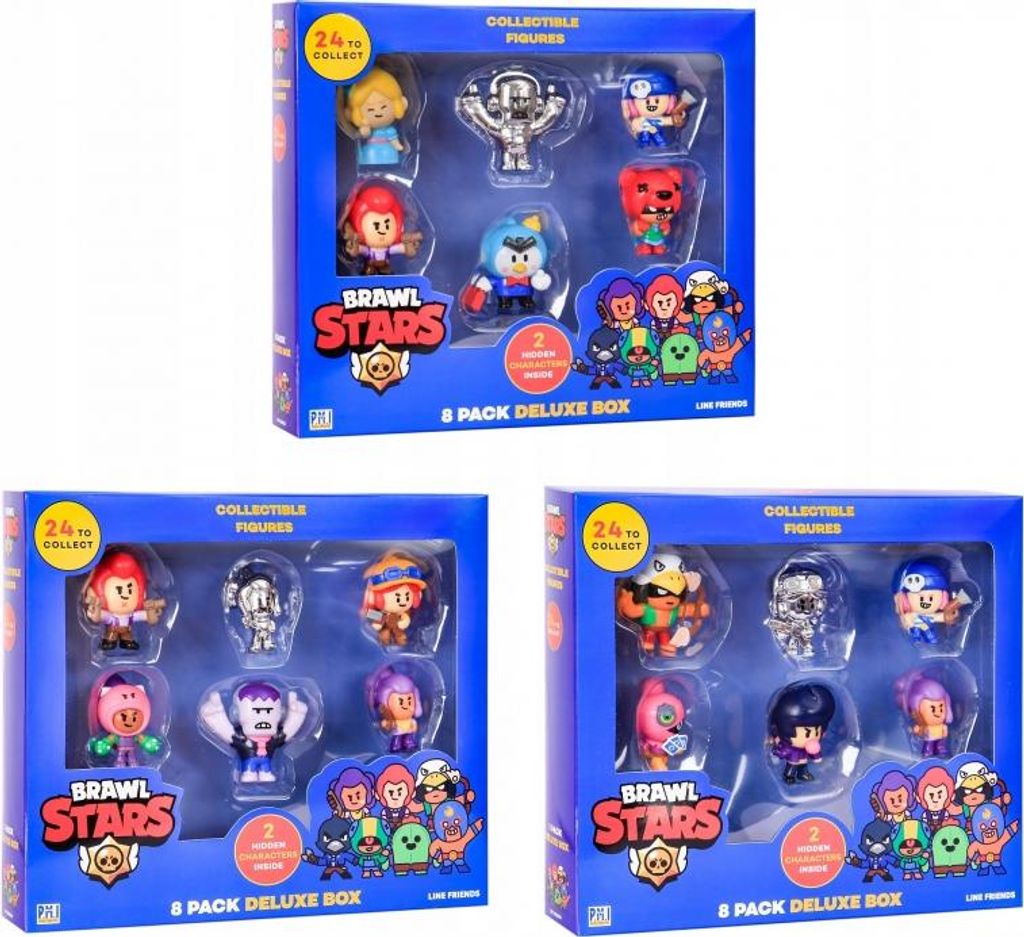 Three boxes of Brawl Stars collectible figures are shown in a collage.