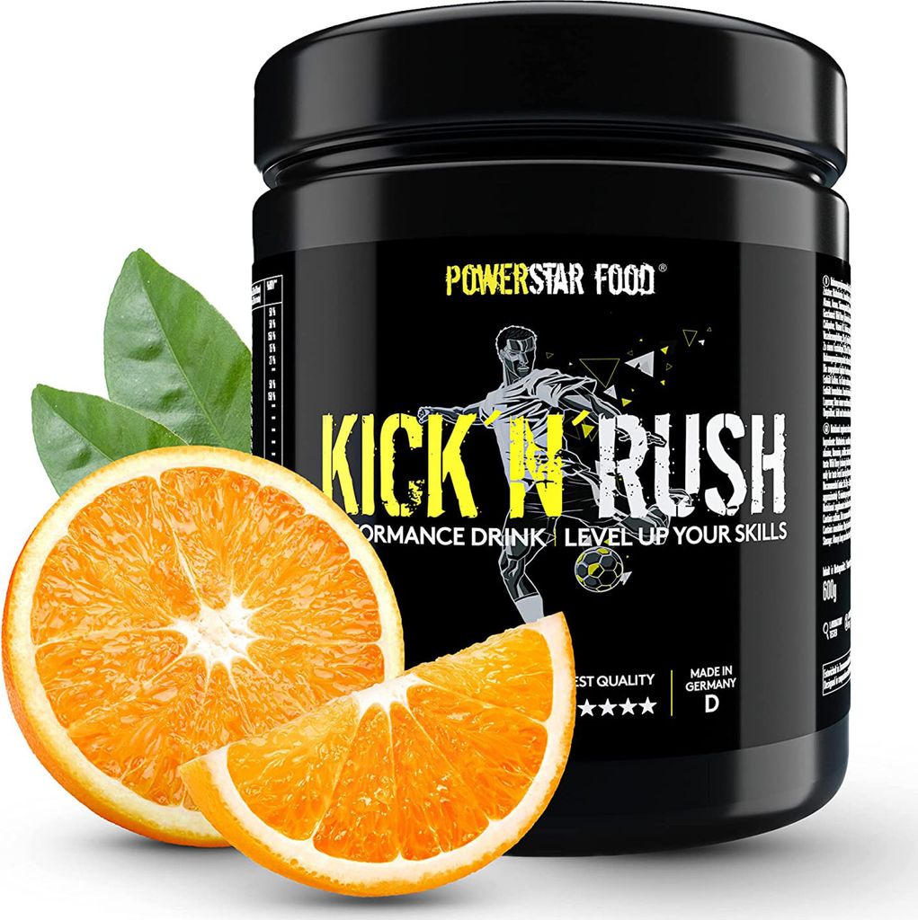Powerstar KICK'N'RUSH 600 g | Pre-Workout-Booster für Fußball & andere Ballsportarten | | Energie & Ausdauer | Juicy Orange