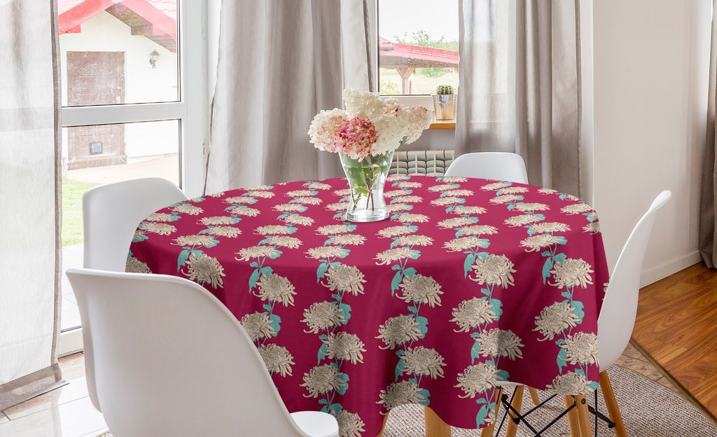 ABAKUHAUS Frühling Runde Tischdecke, Chrysantheme-Blüten-Motiv, Kreis Tischdecke Abdeckung für Esszimmer Küche Dekoration, 150 cm, Beige Himmel...