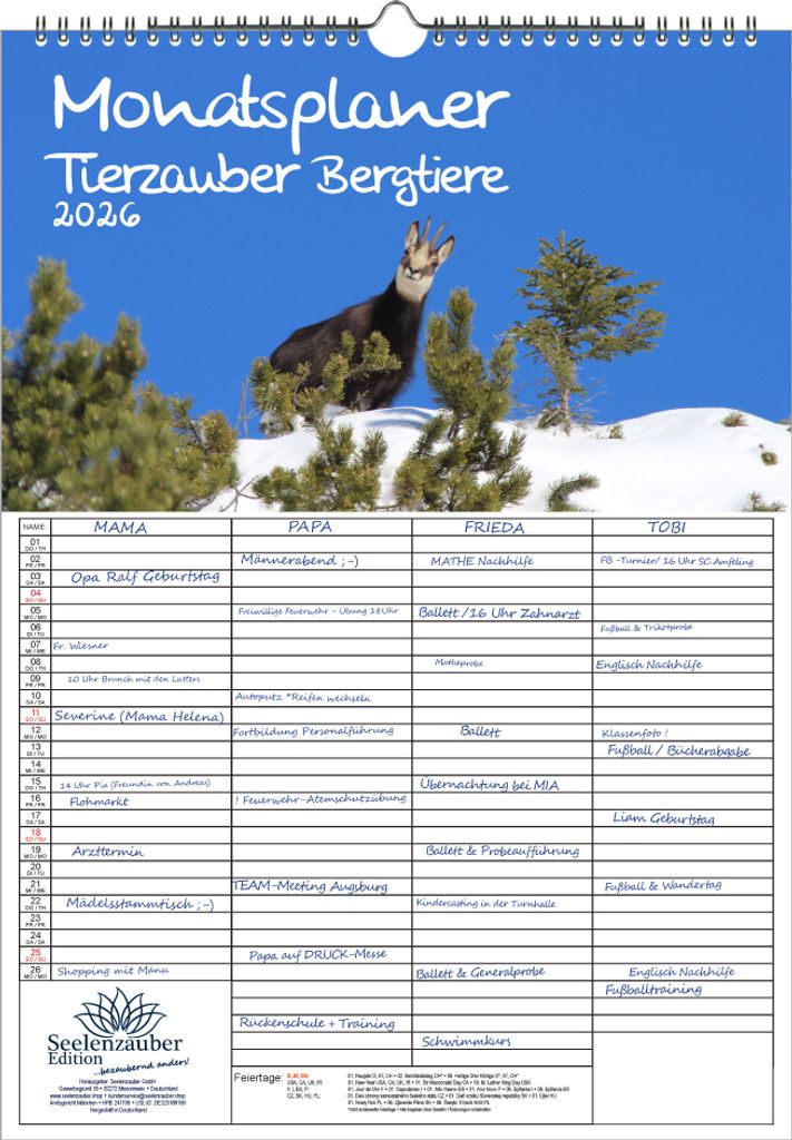 Tierzauber Bergtiere Planer Familienplaner 4 Spaltenplaner DIN A3 Kalender für 2026 verschiedene Bergtiere - Seelenzauber