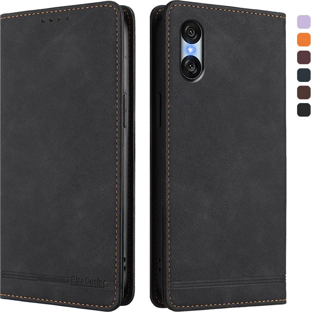 Hülle für Sony Xperia 10 VI, Retro Kunstleder Ständer Klapphülle mit Kartenfächer und Magnetische Schwarz