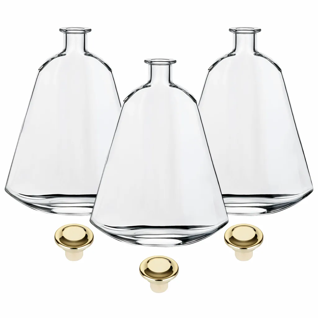 set di 3 decanter 700 ml Isabelle con manico in legno e tappo in sughero color oro - bottiglia design 0,7 l in vetro con tappo in sughero - caraffa in vetro vuota