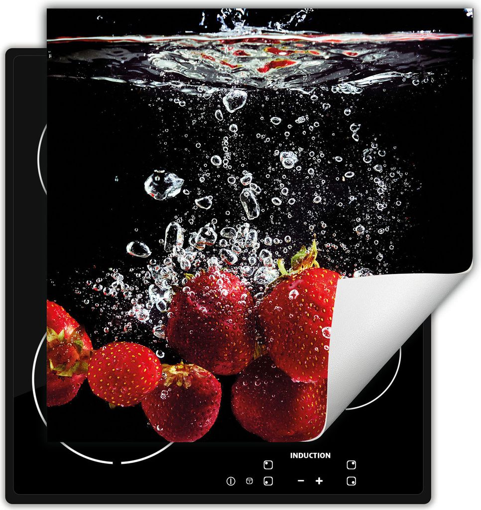 DarHaus Herdabdeckplatte 60x52 cm Anti Rutsch Matte Aufrollbar, schwarz - Erdbeeren