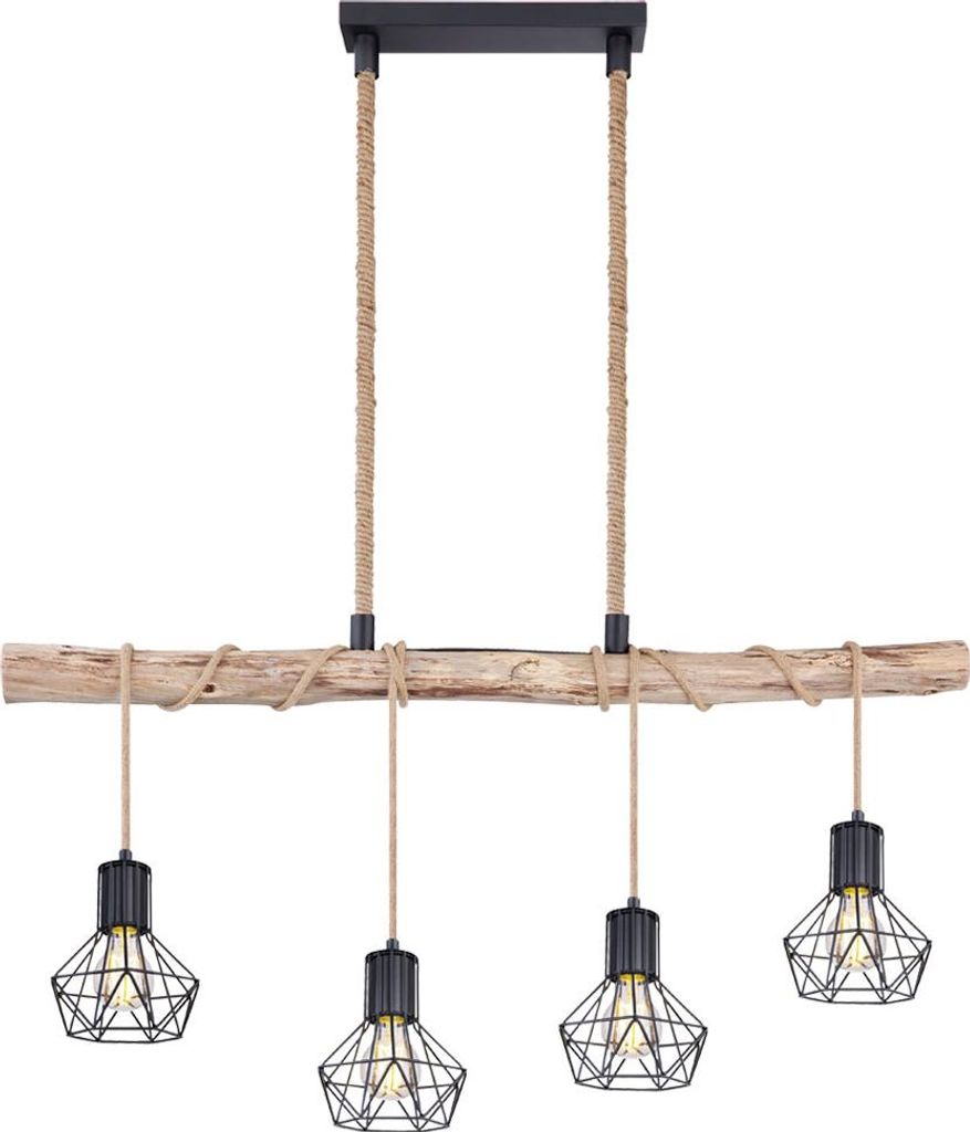 Hängelampe, Käfig, Holzbalken natur, Hanfseil, L 100 cm