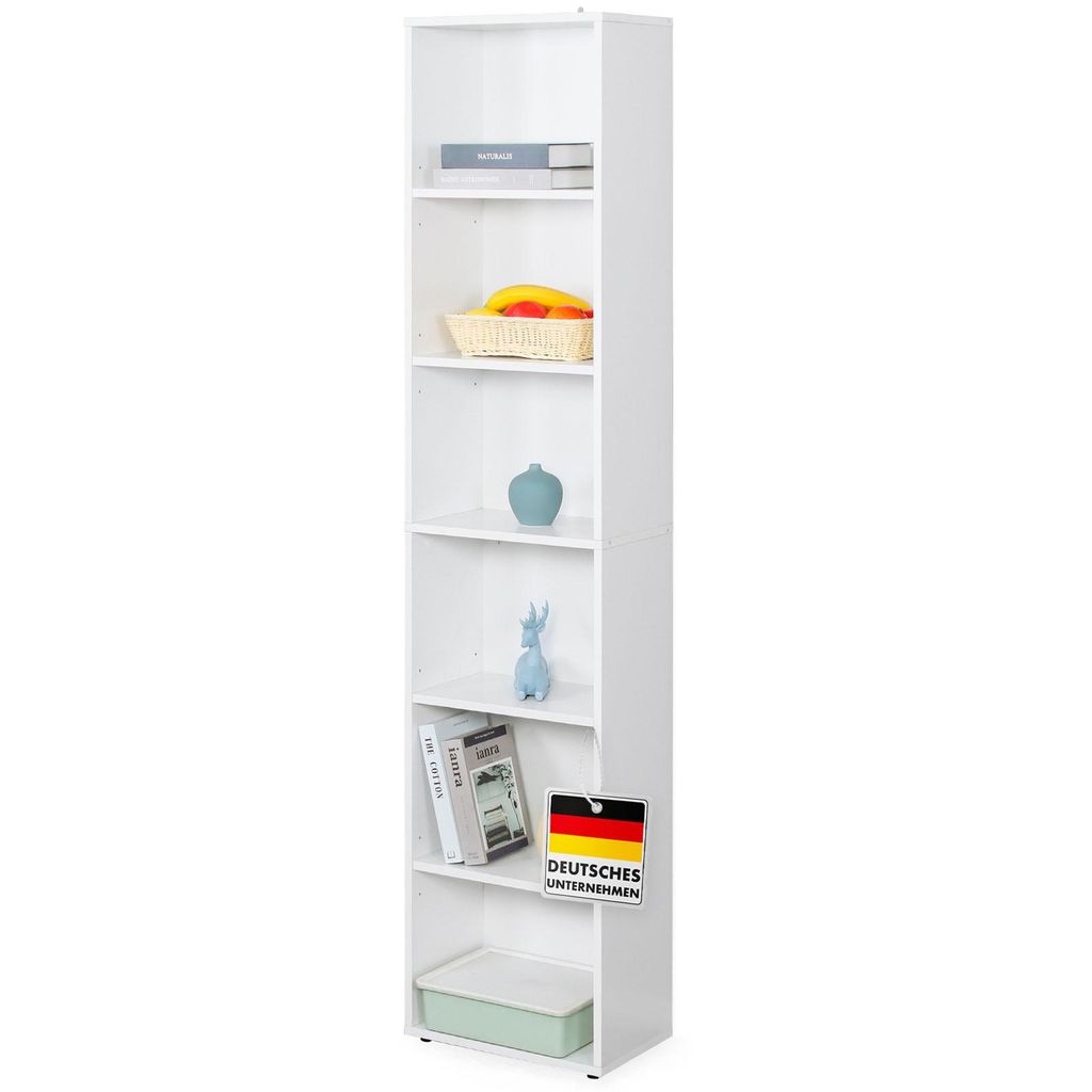 A tall, white, six-shelf bookcase is shown against a white background.