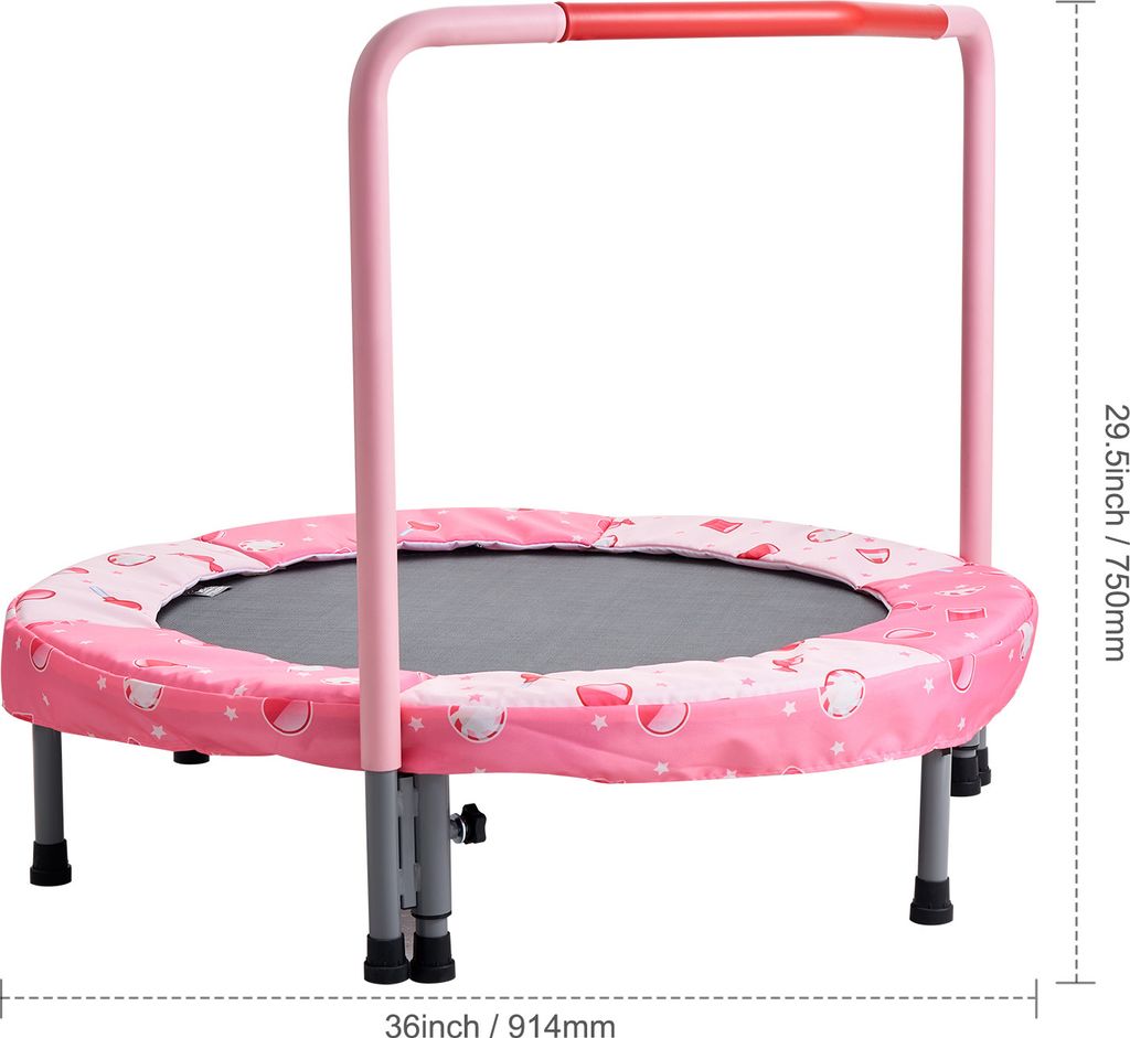 A pink children's trampoline with a safety handle.