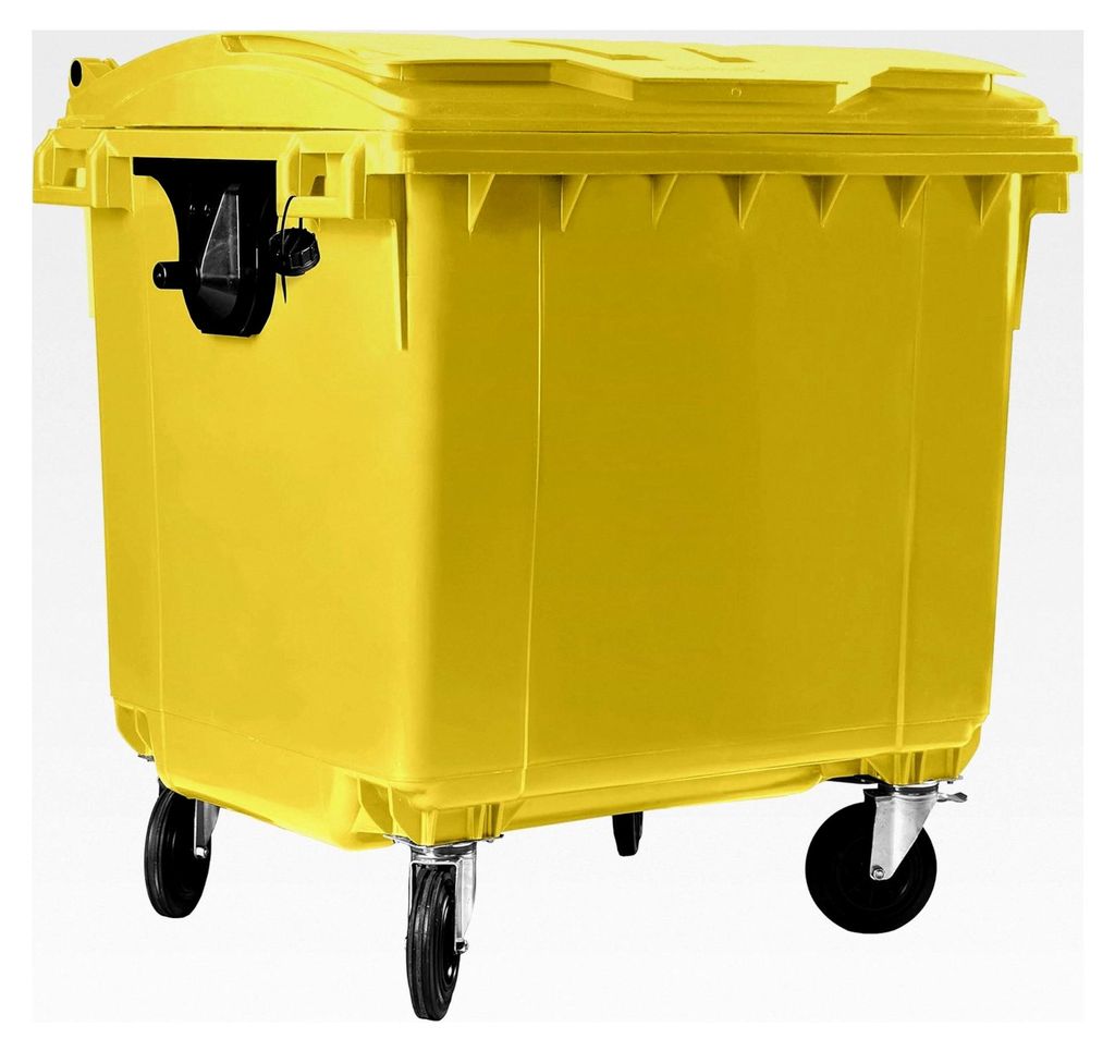 Müllcontainer mit 4 Rädern und Flachdeckel, Abfalltonne, Volumen: 1 100 Liter, Farbe: Gelb, Größe: 1 344 x 1 370 x 1 070 mm