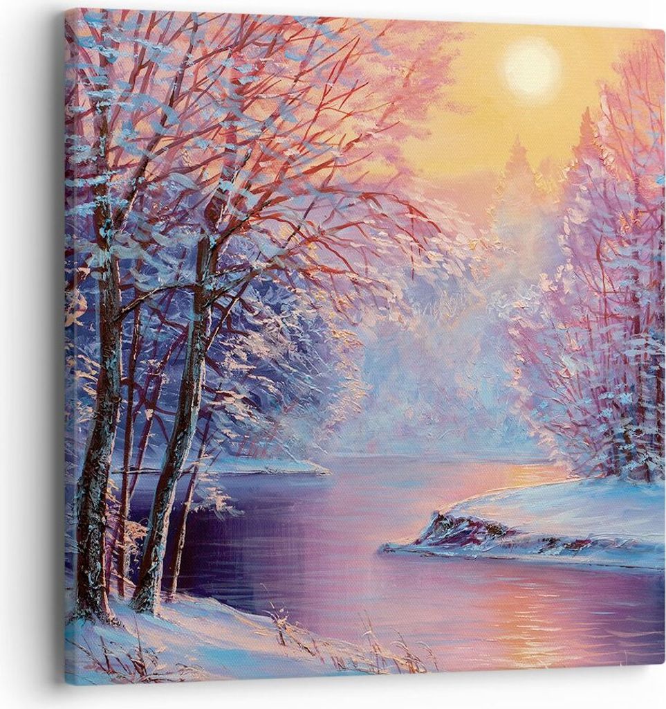 Bild auf Leinwand - Leinwandbild - Einteilig - Öl Winter Fluss - 40x40cm - Wand Bild - Wanddeko - Wandbilder - Leinwanddruck - Bilder - Wanddekora...